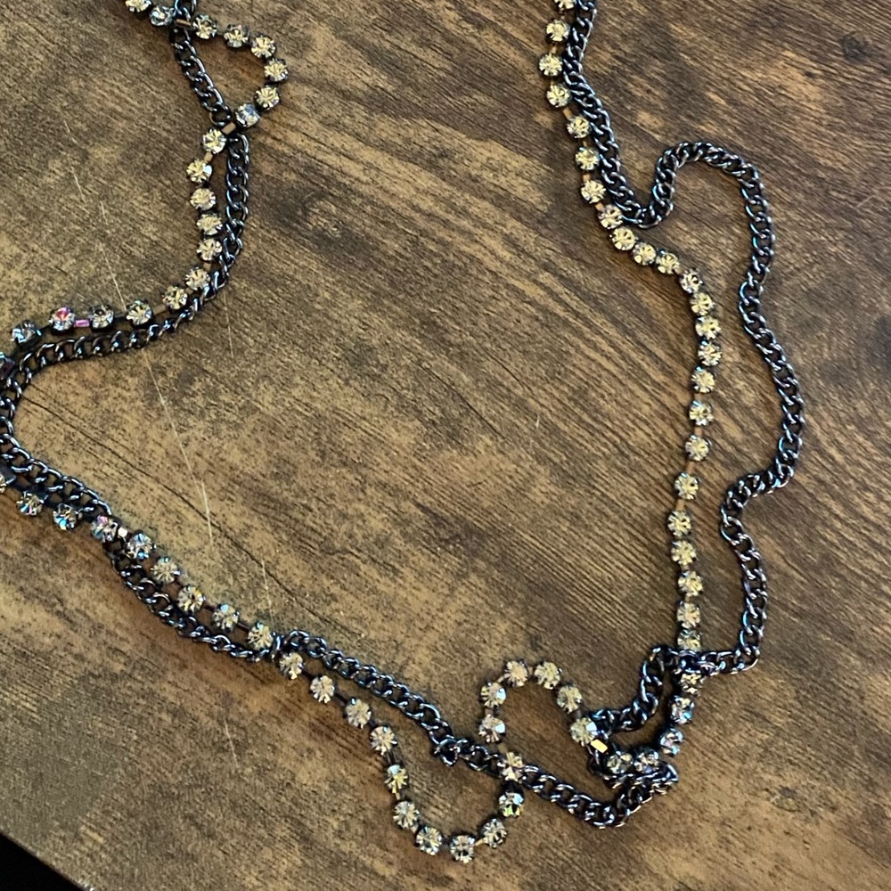 Chico’s Long Silver and Crystal Necklace